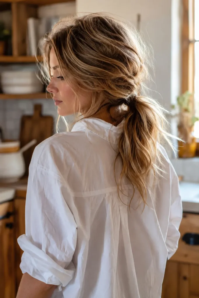 a white woman wearing a casual oversized white cotton shirt with rolled sleeves, showcasing an intentionally messy low ponytail with soft volume