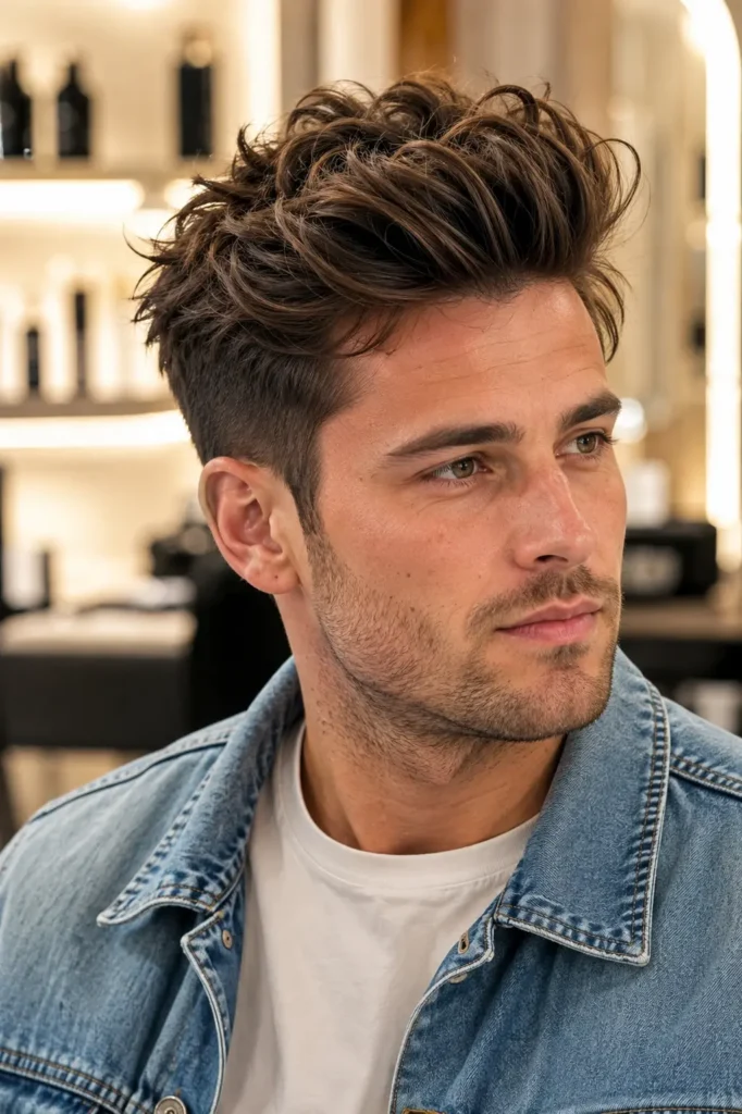 man with a messy quiff hairstyle, light stubble, denim jacket, and a white T-shirt, photographed in bright daylight against a cream salon background.