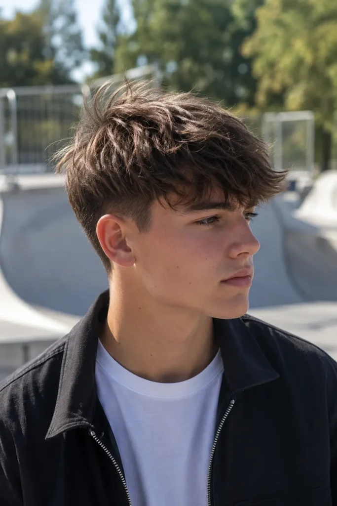a white teenage boy with a messy textured fringe haircut and clean tapered sides, wearing a black zip-up jacket over a white T-shirt