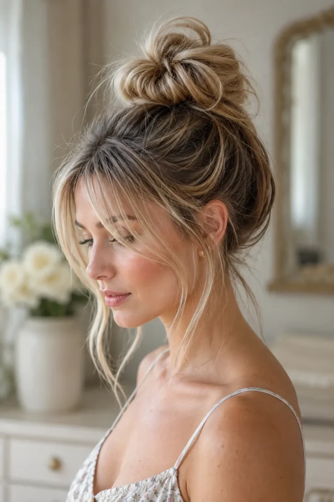 woman with light blonde hair styled in a messy top knot and soft curtain bangs, wearing a delicate floral summer dress.