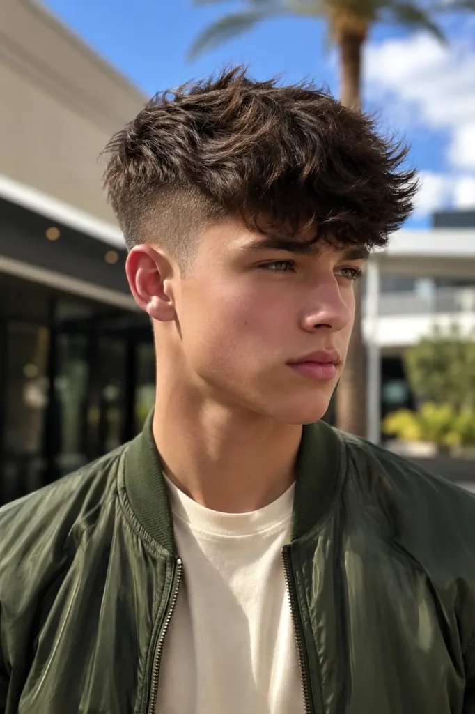 a white teenage boy with a mid fade haircut and naturally textured medium-length hair styled forward with volume, wearing a forest green bomber jacket over a cream T-shirt in bright daylight with a softly blurred outdoor shopping district background.