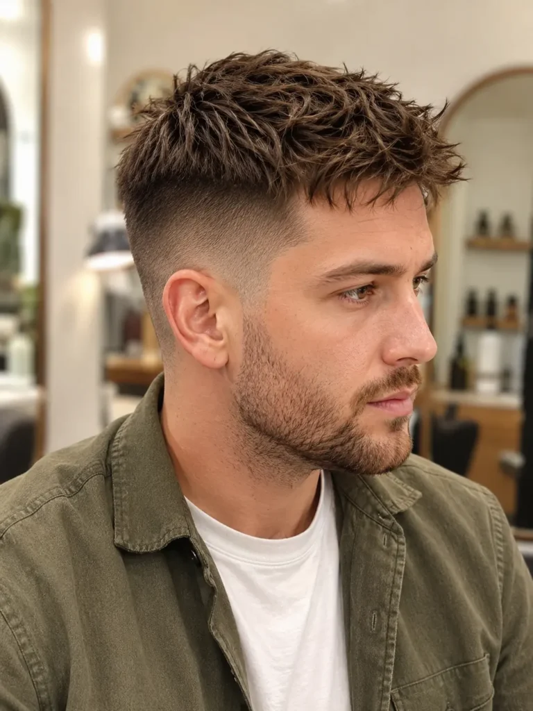 man with a mid fade haircut and naturally textured matte-finish top, wearing an olive overshirt over a white T-shirt. Photographed in bright natural daylight against an elegant ivory barber studio background, with realistic skin texture, a light beard, and the hairstyle as the main focus.