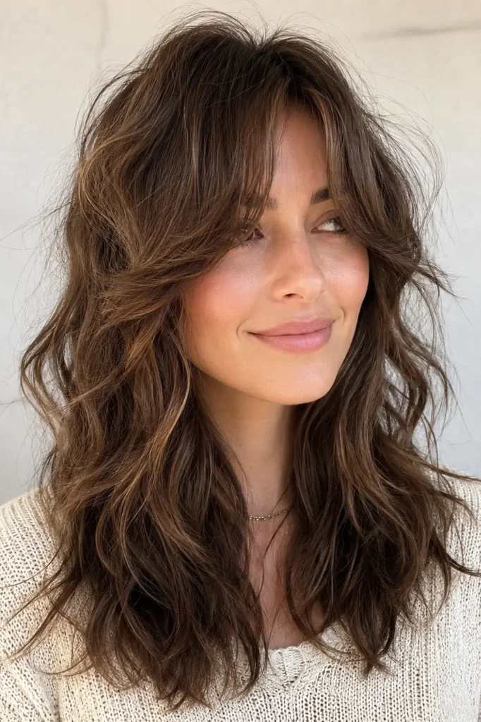 a a young English woman with a mid-length wavy wolf cut featuring airy curtain bangs, feathered layers, and soft natural waves, photographed in bright daylight against a neutral cream background.