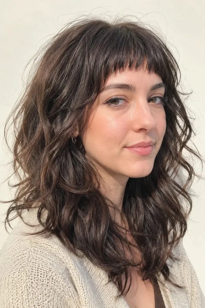 a woman with a mid-length wavy wolf cut and short baby bangs, featuring glossy layered waves against an ivory background.
