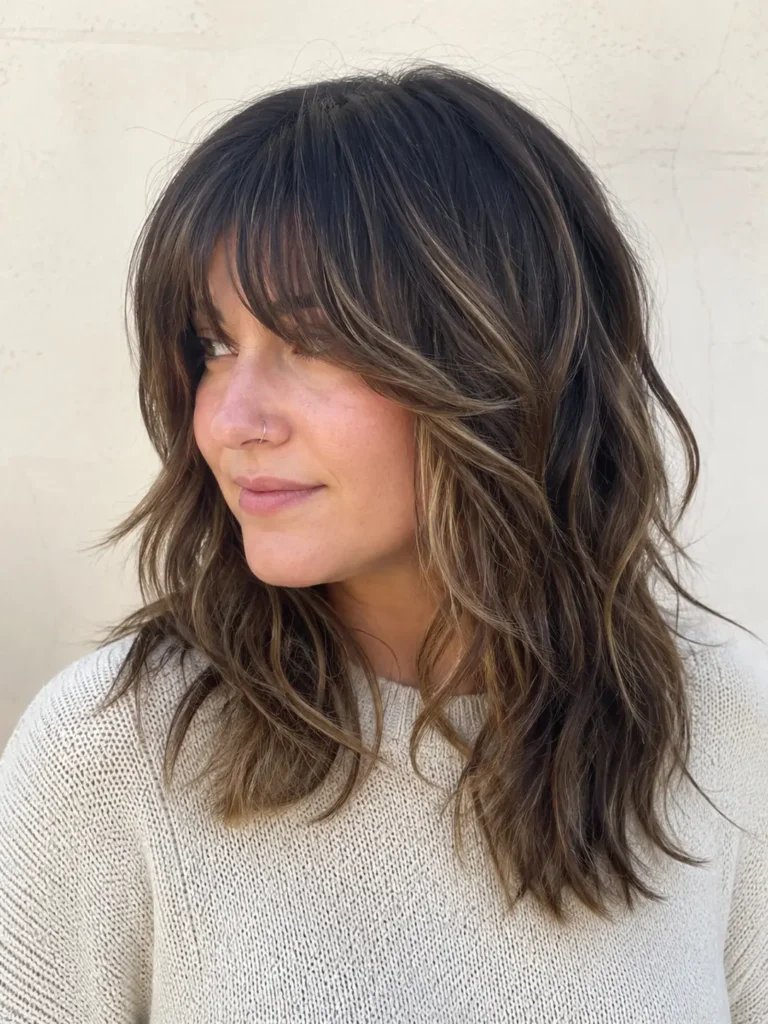 a woman with a mid-length wavy wolf cut and soft bottleneck bangs, featuring glossy layered hair with natural movement in bright daylight against a cream neutral background.