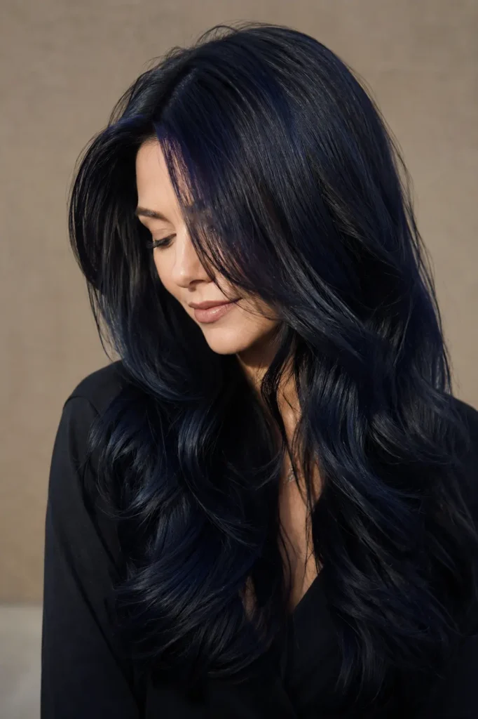 an English woman with midnight blue black hair tint, featuring long glossy layered hair with deep black tones,