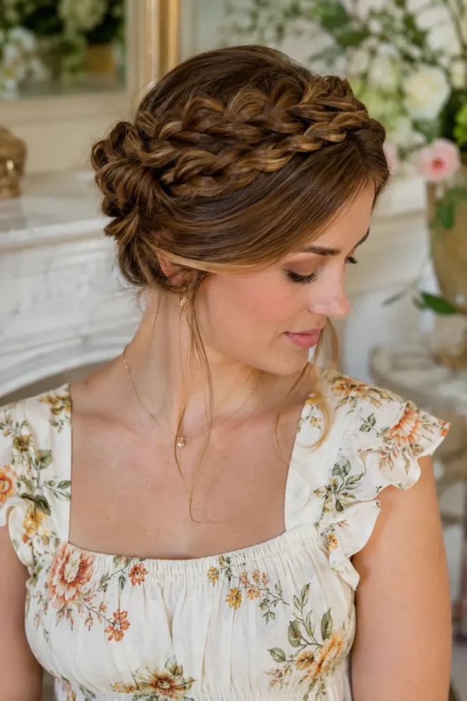 woman wearing elegant milkmaid braids wrapped across the crown, with glossy light brunette hair, realistic skin texture, a stylish cream summer dress, and a luxurious ivory floral indoor background in bright natural daylight.