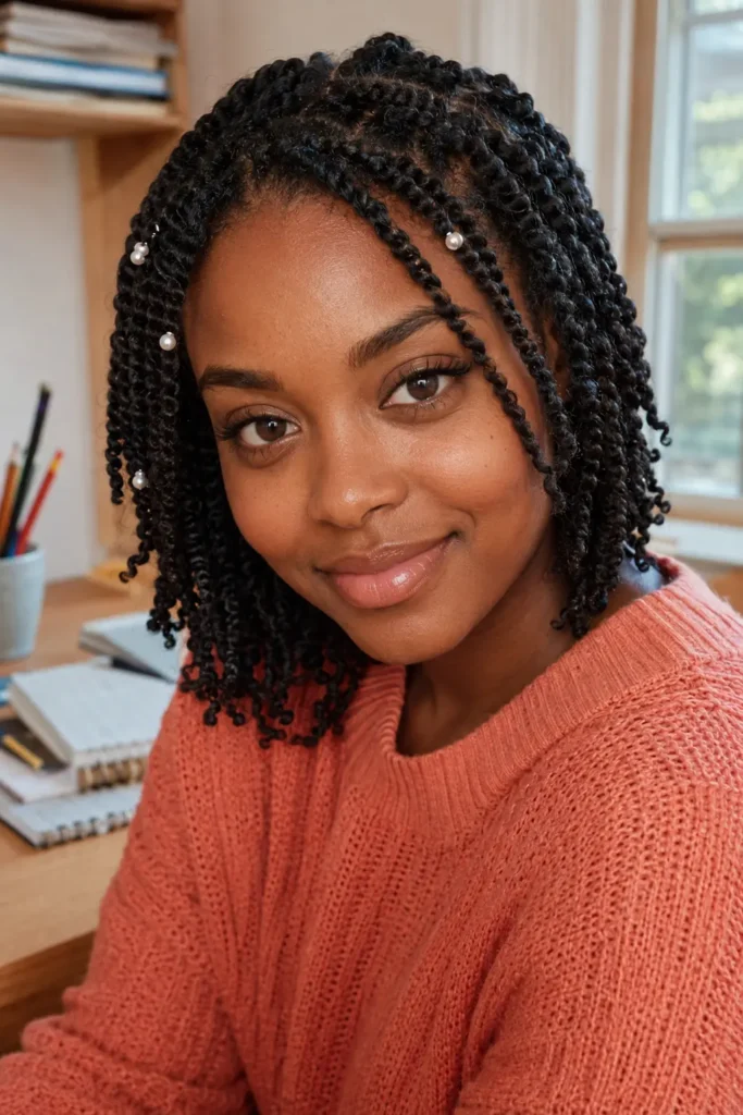 a real Black woman with neat mini two-strand twists adorned with tiny pearl hair clips, wearing a coral knit sweater and seated at a cosy home study desk with notebooks and pencils.