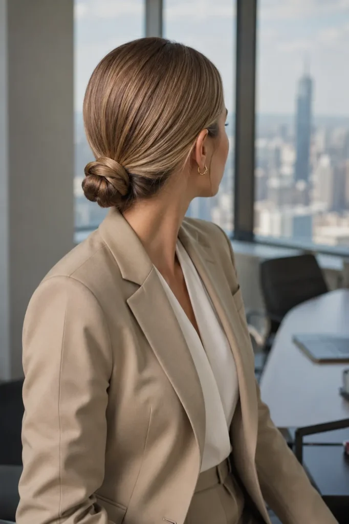woman with a sleek center-parted minimalist low knot bun, wearing a beige tailored suit and white blouse in a modern office with softly blurred city skyline.