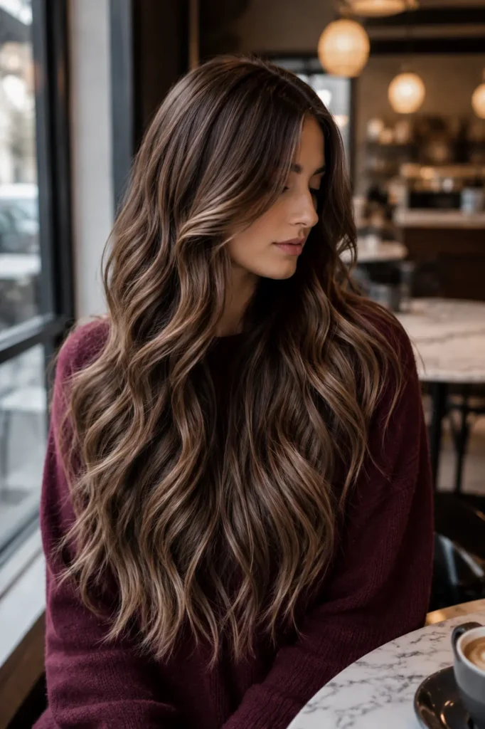 white woman with very long mocha brown balayage hair in soft waves, wearing a burgundy cashmere sweater in a modern café with warm natural window light.