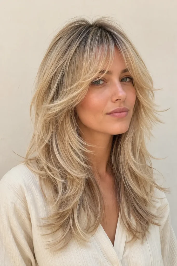 a woman with a modern blonde wolf cut, blended bangs, feathered layers, glossy texture, and natural movement in bright daylight.