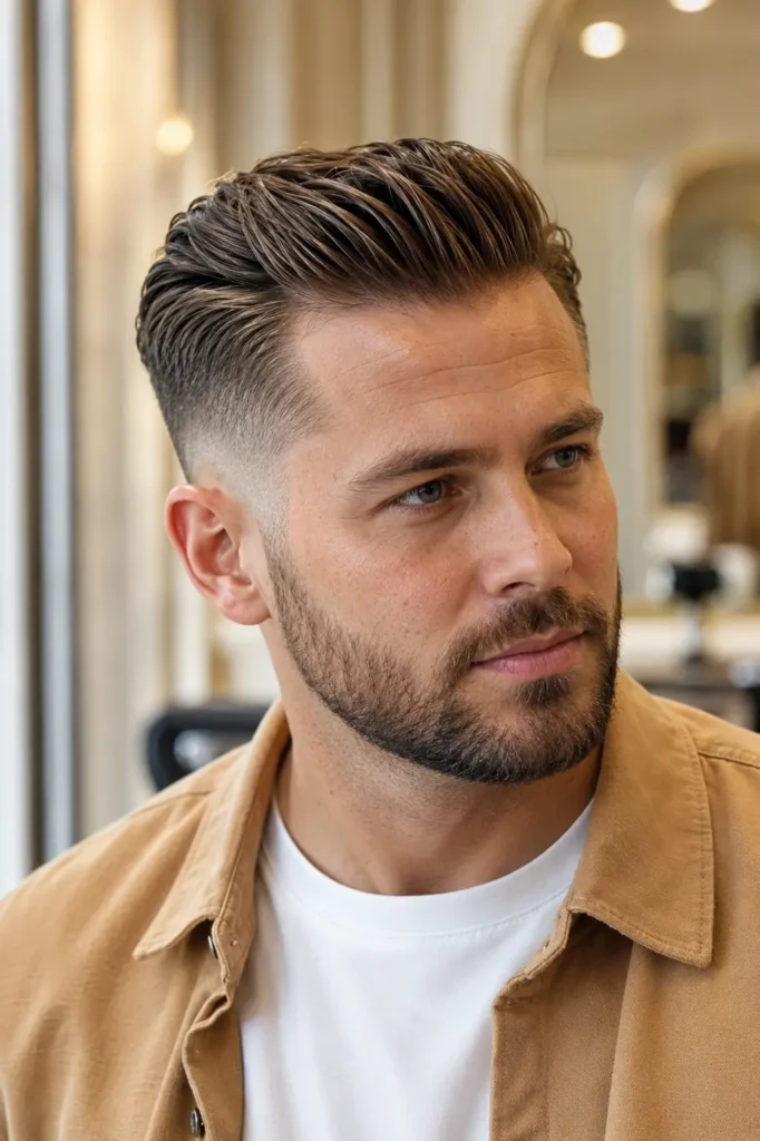 man with a modern comb over fade featuring textured volume and a defined side part, neatly trimmed beard, camel overshirt over a white T-shirt, photographed in bright natural daylight against an elegant ivory barber studio background.
