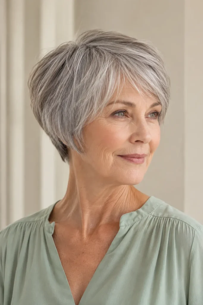 Modern gray pixie bob haircut on a mature English woman with textured silver layers, soft volume, and a sage green blouse in natural daylight.