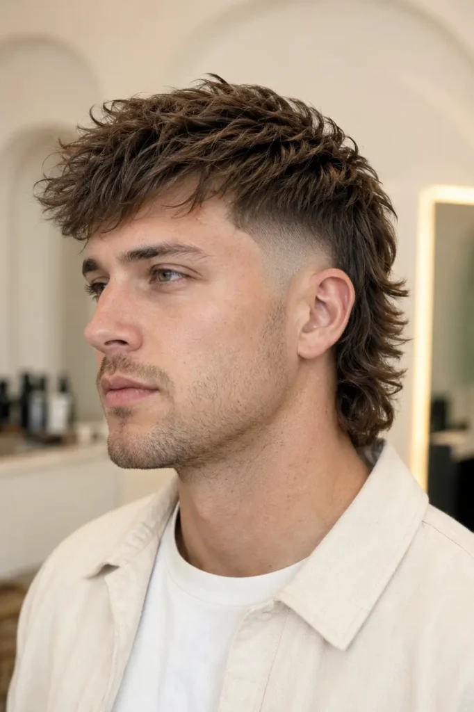 a modern mullet fade haircut featuring textured layers on top, faded sides, and soft natural length at the back, wearing a cream overshirt over a white T-shirt in a bright ivory barber studio.