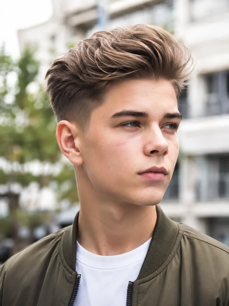 a white teenage boy with a modern quiff haircut featuring a voluminous brushed-up front and softly faded sides, wearing an olive bomber jacket over a white crew-neck