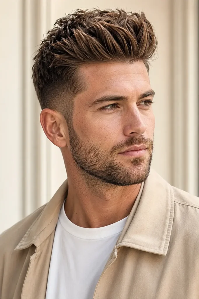 man with a modern textured quiff hairstyle, light beard, beige jacket over a white T-shirt, photographed in bright natural light against an elegant ivory background with the hairstyle as the main focus.