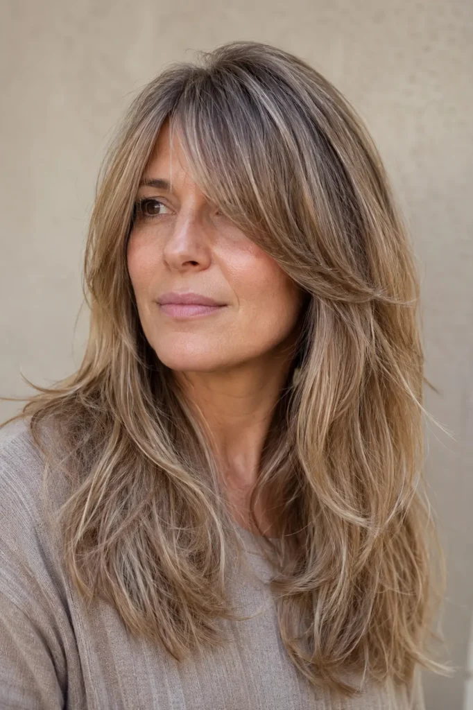 woman with a mushroom blonde layered hairstyle, featuring cool blonde-brown tones, soft flowing layers