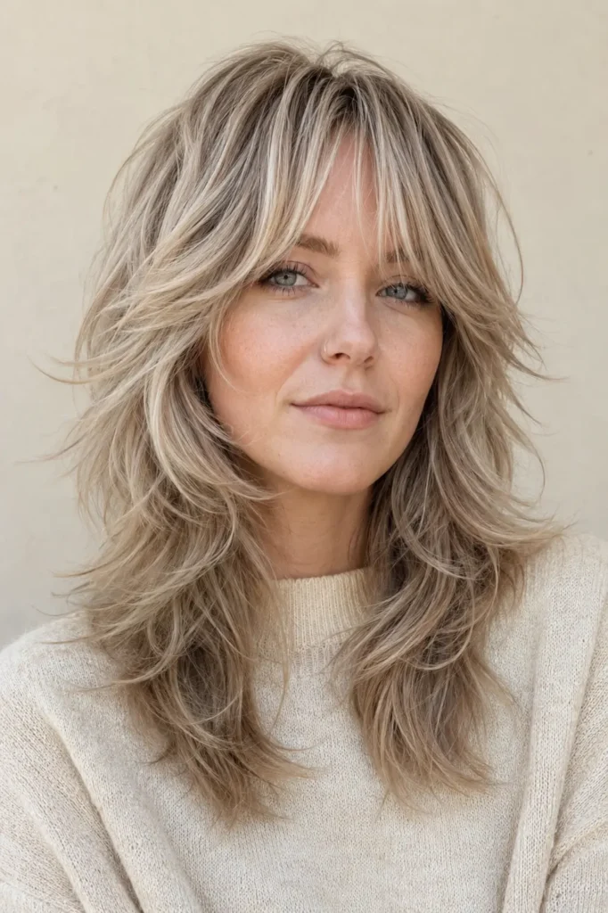 a woman with a mushroom blonde wolf cut, soft layered bangs, feathered textured layers, natural waves, and healthy shiny hair in bright daylight.