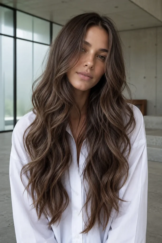 a woman with very long mushroom brown hair in soft voluminous waves, featuring cool taupe and smoky ash brunette tones, wearing an oversized white cotton shirt in a minimalist concrete loft with diffused daylight.