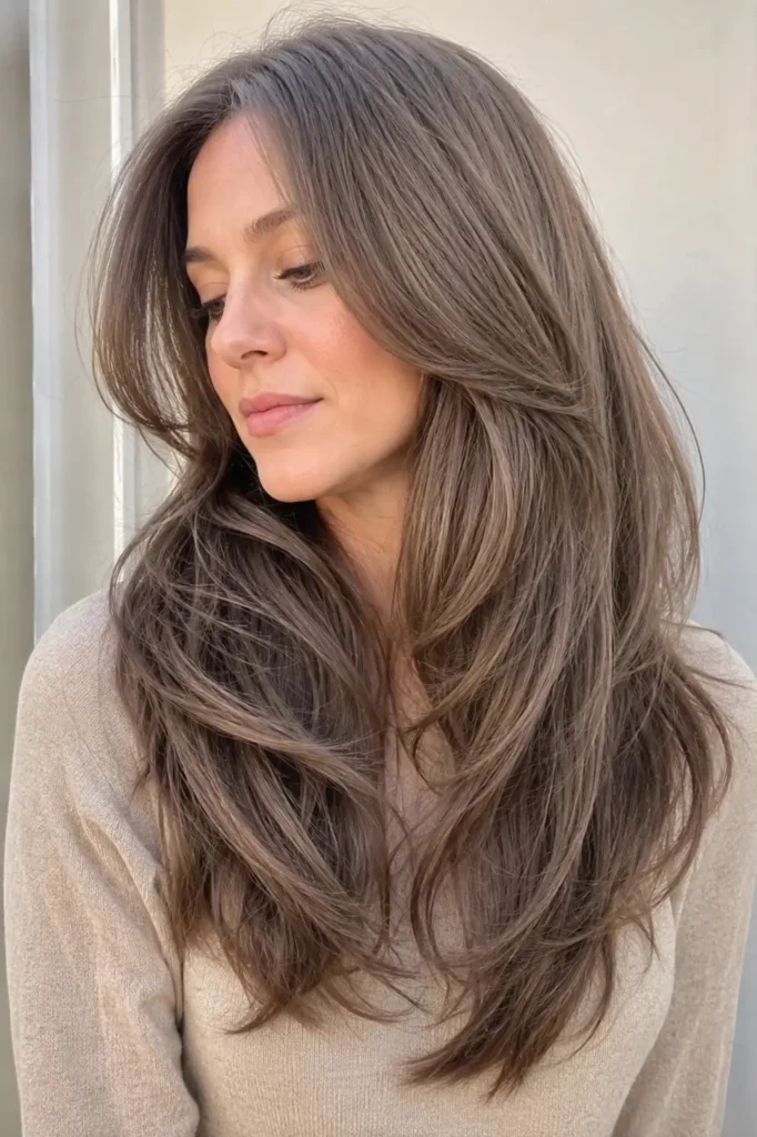 woman with mushroom brown hair tint, featuring cool ash brown tones, soft layered waves, natural volume, and glossy textured hair
