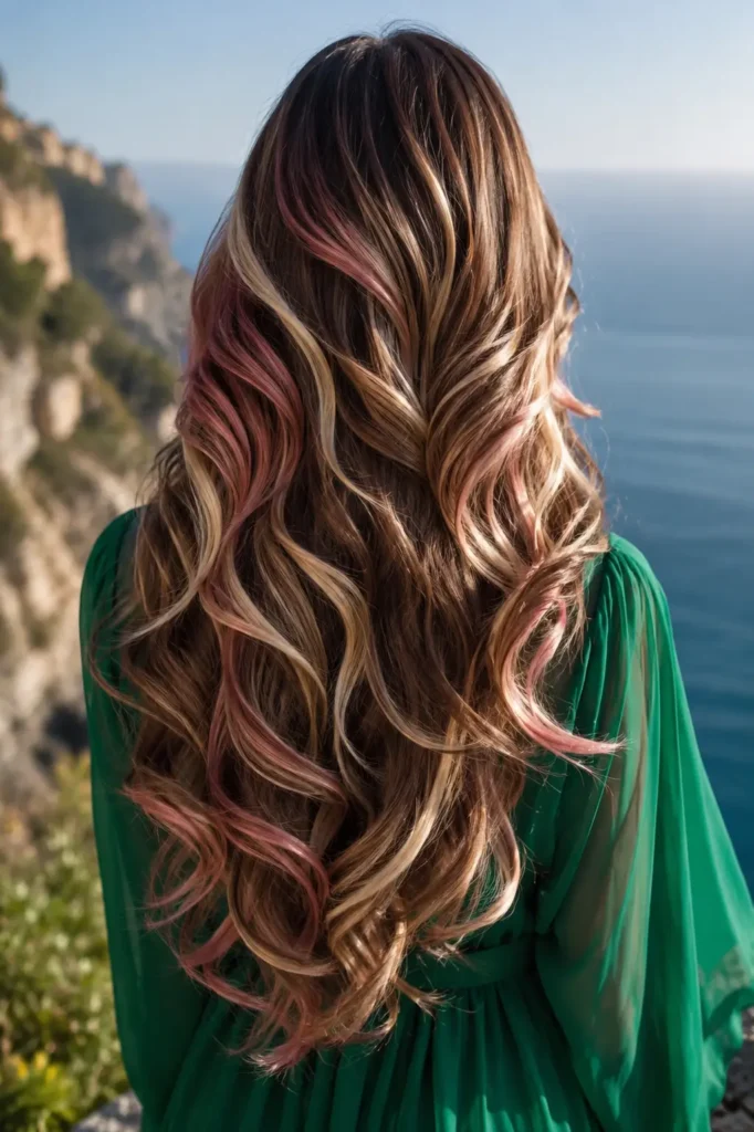 Back view of a woman with extremely long wavy Neapolitan balayage hair in chocolate brown, vanilla blonde, and soft pink tones, wearing an emerald green blouse by a sunlit coastal cliff.
