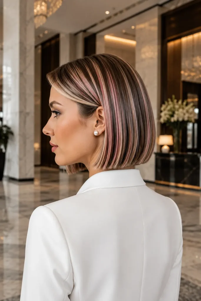 a woman with a sleek chin-length blunt bob in chocolate brown, creamy vanilla blonde highlights, and subtle strawberry pink ribbons, wearing a white blazer and pearl earring in a luxurious marble hotel lobby.