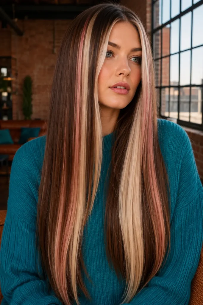 A white woman with long, straight center-parted hair featuring bold chunky ribbons of chocolate brown, creamy vanilla blonde, and strawberry pink, wearing a vibrant teal sweater