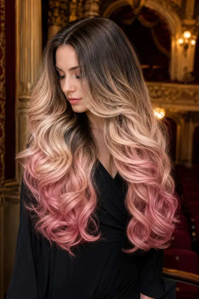 a woman with extra-long soft curled hair featuring a seamless Neapolitan color melt from deep chocolate brown roots to creamy vanilla blonde and strawberry pink ends, wearing a black evening dress in an ornate classic theater.