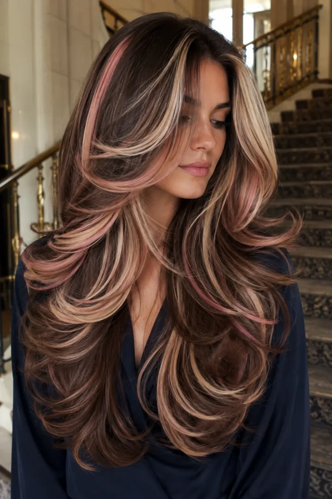 butterfly haircut with chocolate brown, creamy vanilla blonde, and strawberry pink highlights, styled in a glossy feathered blowout, worn with a navy blouse against a softly blurred luxury hotel staircase.