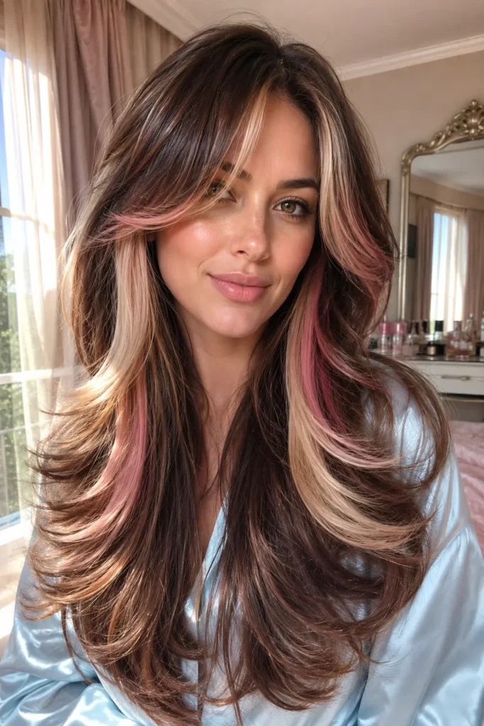 White woman with long butterfly layers, curtain bangs, and chocolate brown hair with blonde ribbons and subtle pink highlights in a sunlit vanity room.
