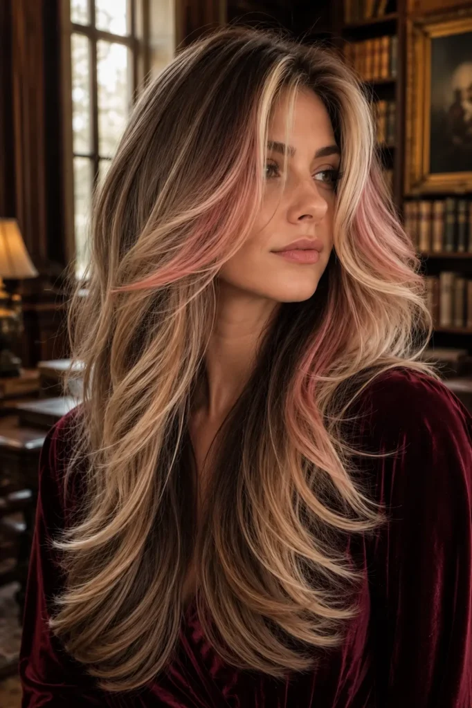 a white woman with long, voluminous face-framing layers, creamy vanilla blonde and strawberry pink highlights over deep chocolate brown hair, styled in a luxurious feathered blowout, wearing a burgundy velvet top in a warm