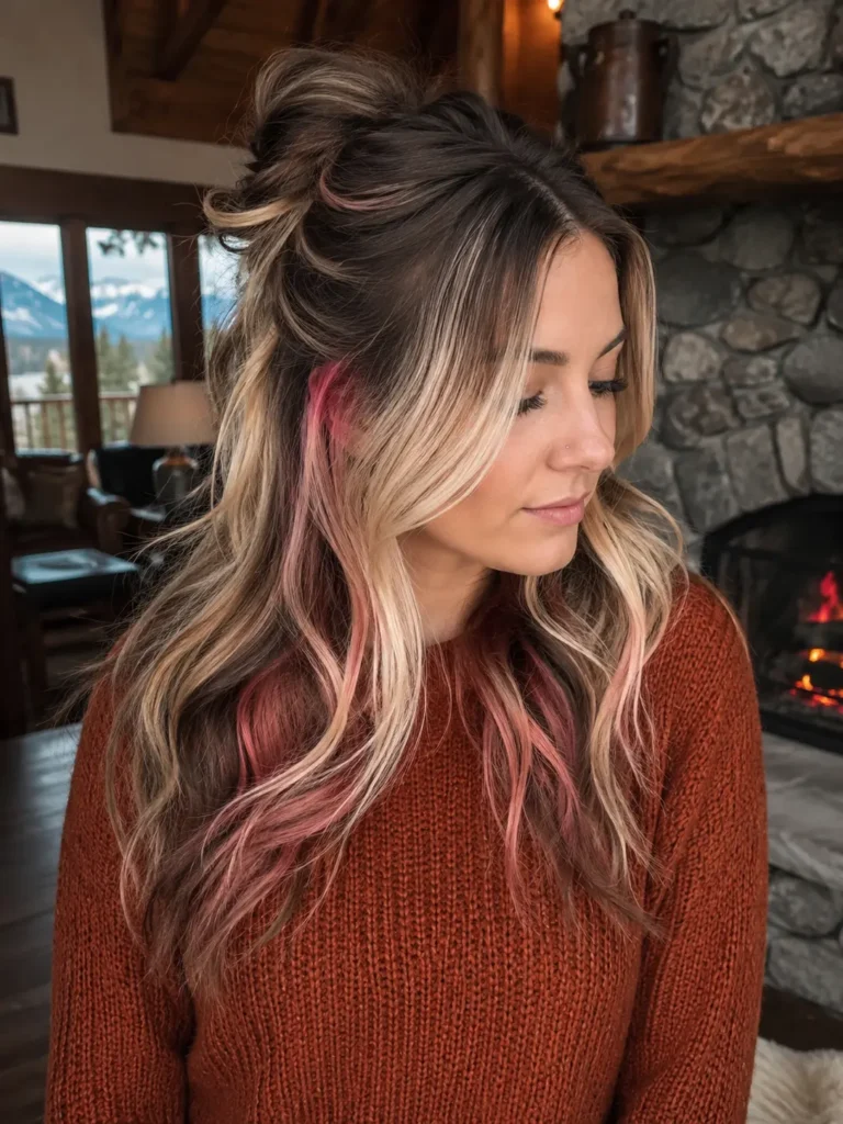 White woman with long layered half-up hair in chocolate brown, creamy blonde, and hidden strawberry pink waves, wearing a rust-orange knit sweater in a cozy mountain cabin.