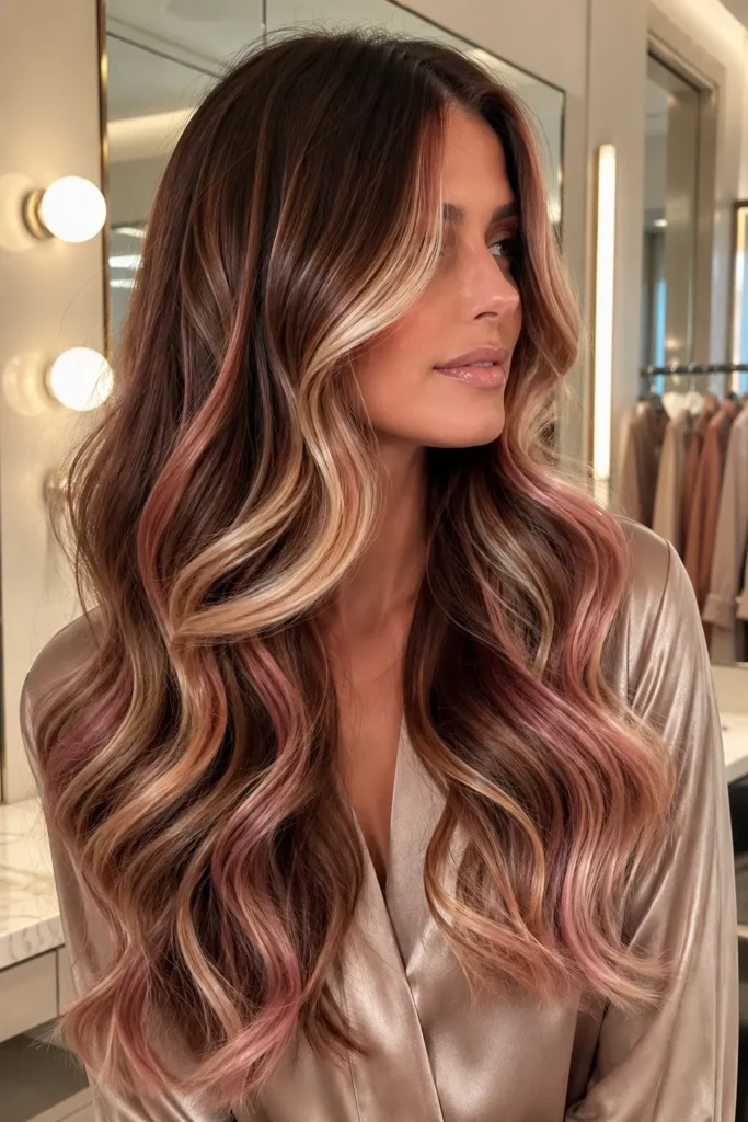 a woman with long glossy waves featuring a chocolate brown base, creamy vanilla blonde highlights, and soft rose gold strawberry accents, wearing a champagne satin blouse in a luxurious modern dressing room with warm daylight.