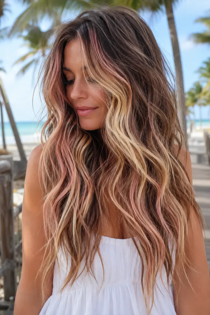a white woman with long tousled beach waves featuring chocolate brown roots, creamy vanilla blonde highlights, and soft strawberry pink ribbons, wearing a modest white cotton sundress