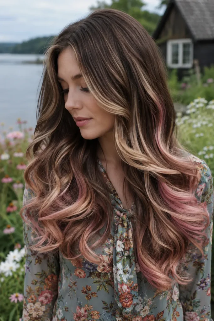 a white woman with long layered cascading curls, chocolate brown hair with creamy vanilla blonde ribbons and strawberry pink tips, wearing a modest floral-print blouse in a softly blurred lakeside cottage garden with wildflowers