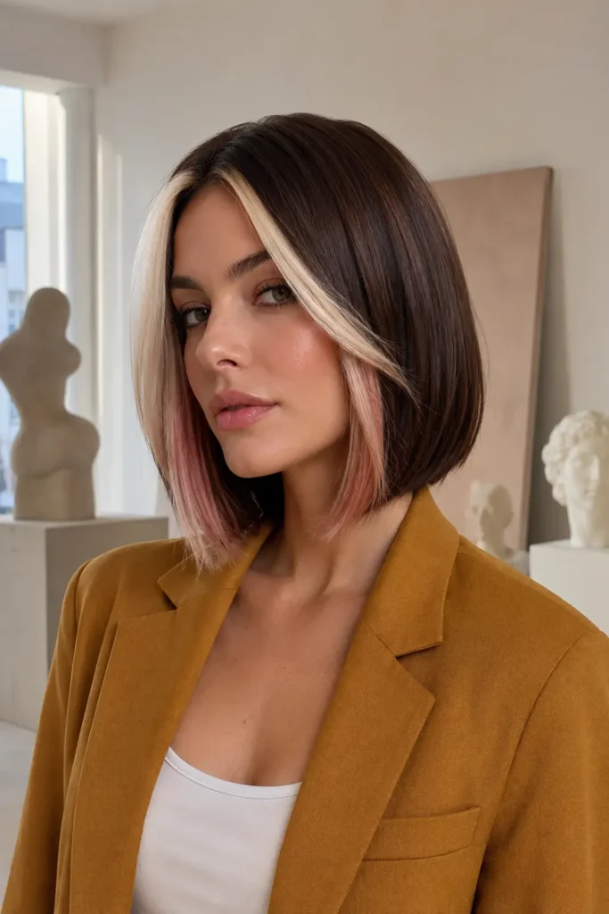 a white woman with a sleek jaw-length bob in deep chocolate brown, featuring bold creamy vanilla blonde money pieces and subtle strawberry pink underneath. She wears a mustard blazer over a white top in a modern minimalist art studio with sculptural décor, with glossy straight hair as the central focus.