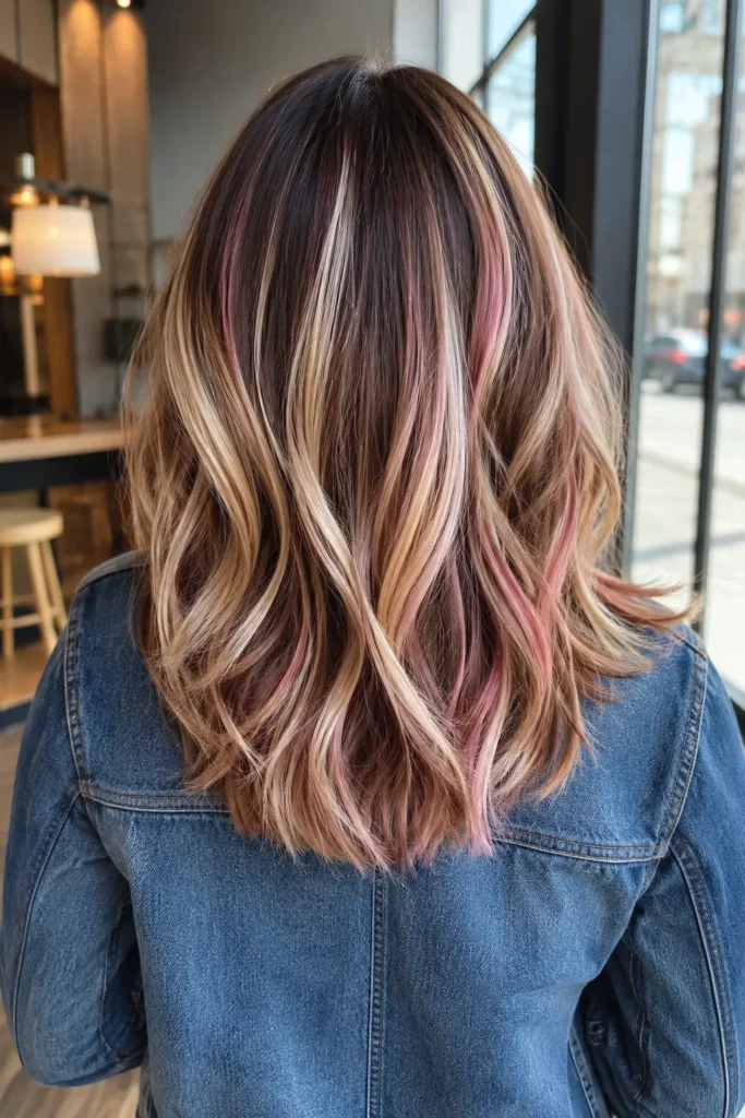backside view of a white woman with shoulder-length layered chocolate brown hair, creamy vanilla blonde highlights, and subtle strawberry pink ribbons styled in glossy soft waves, wearing a denim jacket in a modern café.