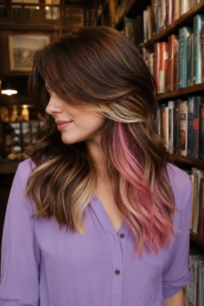 A white woman with medium-length wavy layered chocolate brown hair featuring creamy vanilla blonde and strawberry pink peekaboo underlayers, swept to one side to reveal the hidden colors. She wears a soft lavender blouse