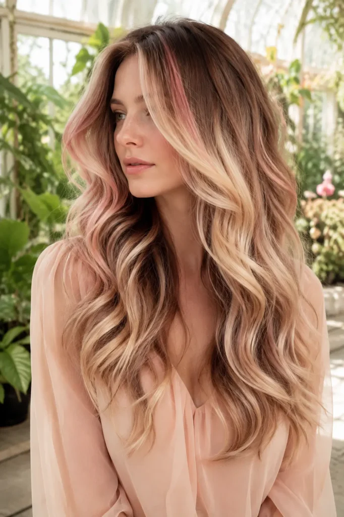 White woman with long softly curled Neapolitan balayage hair in creamy blonde, strawberry pink, and chocolate brown, wearing a peach blouse in a sunlit greenhouse.