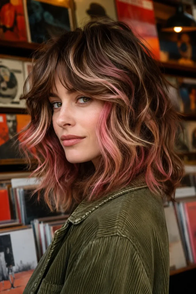 a white woman with a medium-length textured shag haircut featuring choppy feathered layers, tousled waves, a chocolate brown base, creamy vanilla blonde pieces, and soft strawberry pink highlights,