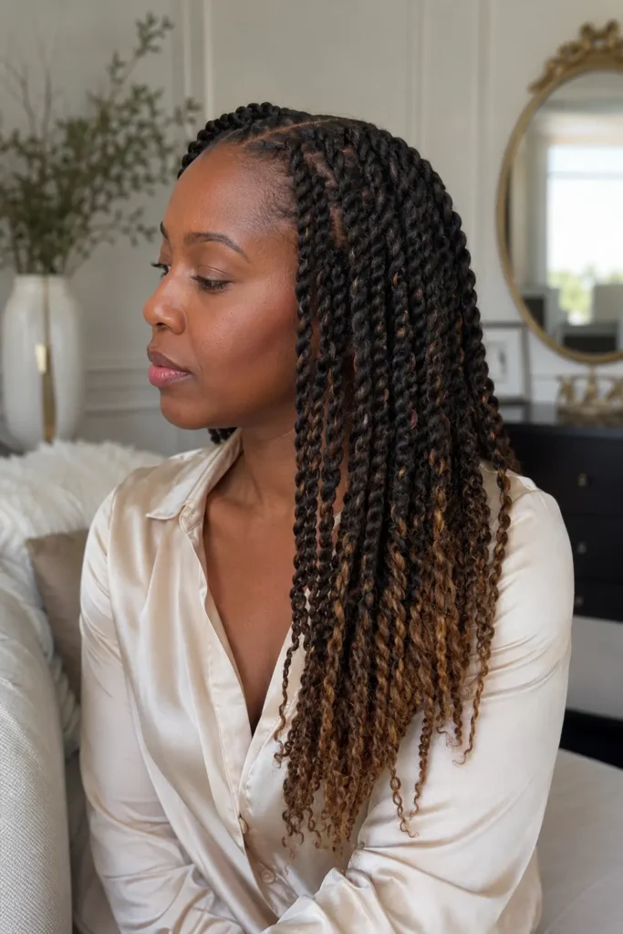 a Black woman wearing ombré twist braids with dark brunette roots fading into warm caramel ends, paired with a champagne satin blouse in a bright, luxurious room with natural daylight.
