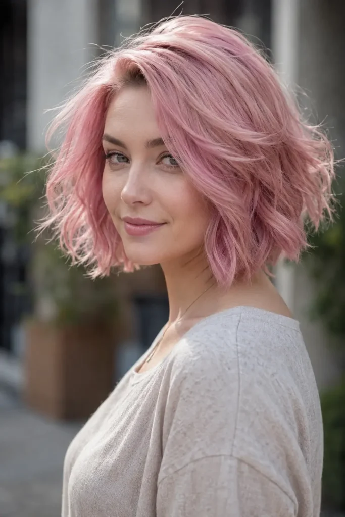 an English woman with pastel pink short wavy layered hair, featuring soft pink tones, glossy texture, natural movement,