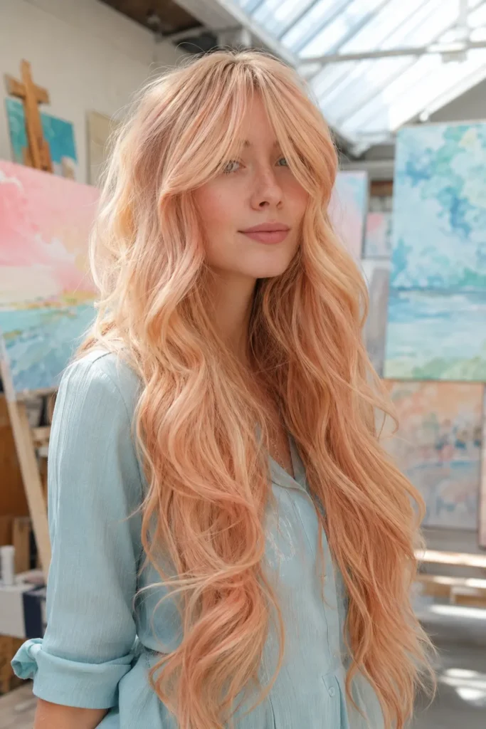 white woman with ultra-long peach blonde wavy hair, curtain bangs, and a light turquoise blouse in a bright contemporary art studio.