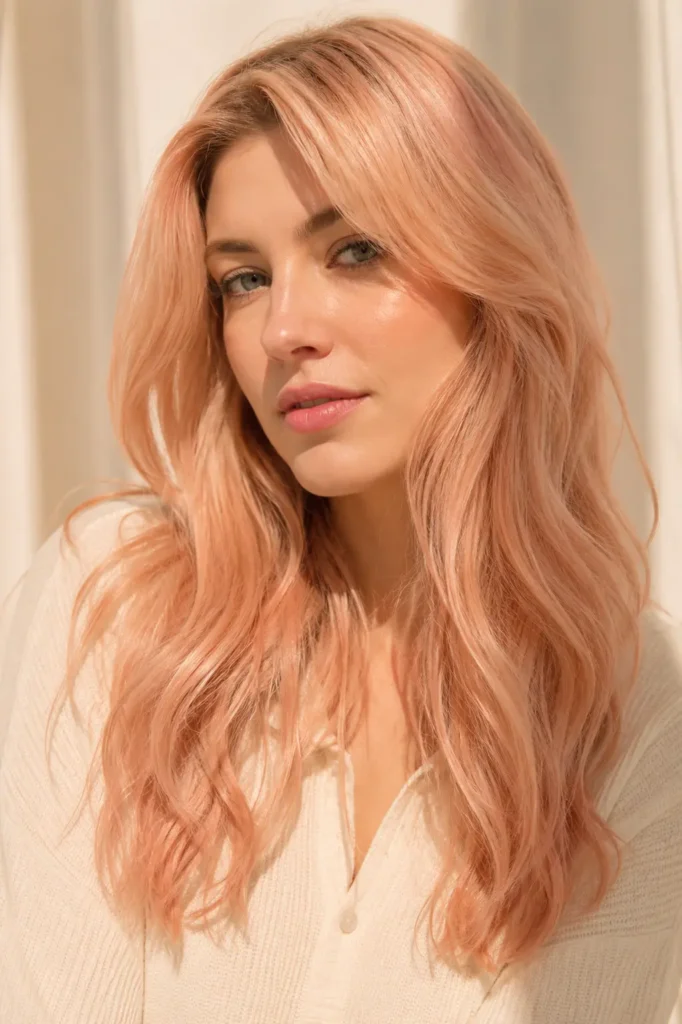 an English woman with peach blonde hair tint, featuring long soft waves, layered texture, glossy shine, natural movement, bright daylight, neutral cream background, natural makeup, and an ivory outfit.