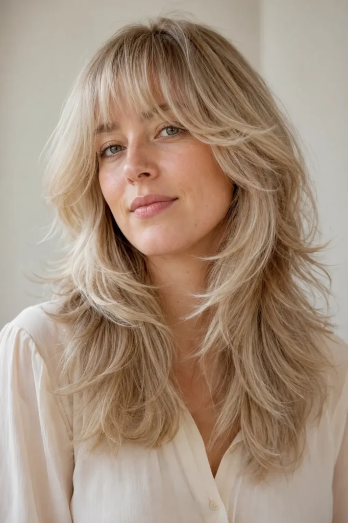 Pearl blonde wolf cut with airy bangs on a real woman, featuring soft feathered layers,