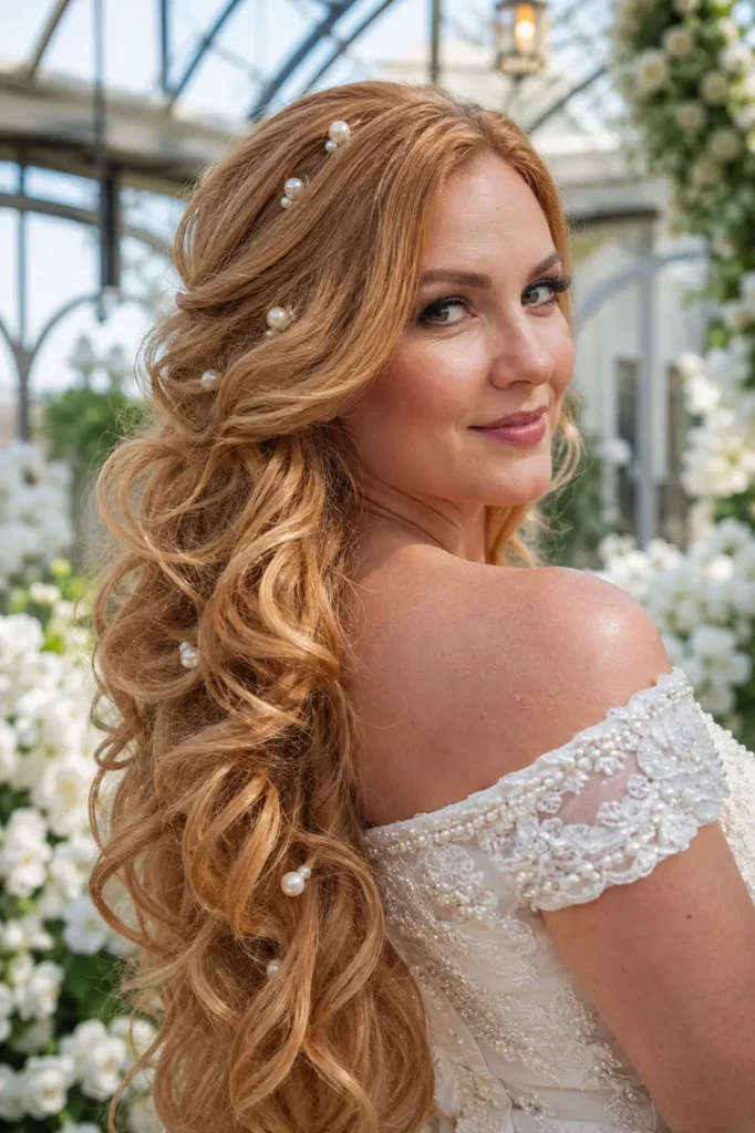 white bride with long loose strawberry blonde bridal curls adorned with scattered pearl pins, wearing an off-the-shoulder lace and silk wedding gown with pearl embroidery in a bright luxury greenhouse wedding venue filled with white orchids.