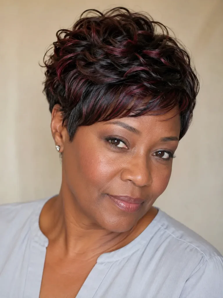 woman with a short textured espresso pixie featuring dimensional burgundy highlights, softly curled layers, and a side fringe, photographed in natural daylight against a warm cream background with a light-gray blouse.