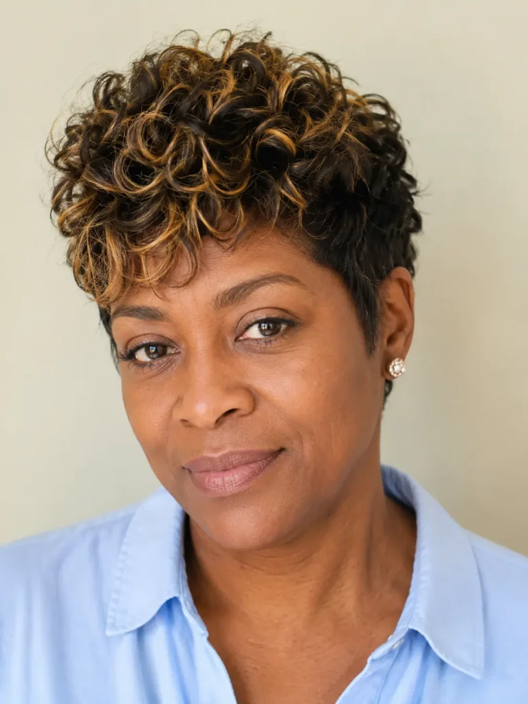 woman with a dark curly pixie haircut accented by delicate honey-blonde highlights, featuring dimensional curls, deep brown roots, softly tapered sides, natural makeup, a modest light-blue shirt, and a soft cream background in bright diffused daylight.