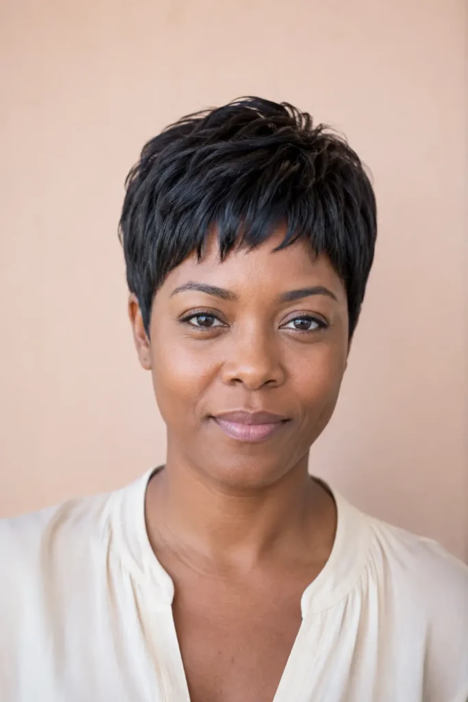 British woman with a dark pixie haircut featuring short textured micro bangs above the eyebrows, softly layered crown, neatly tapered sides, natural skin texture, cream blouse, and a pale peach background.