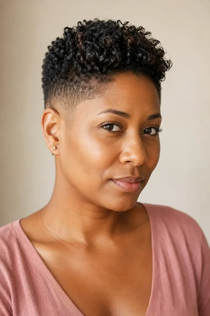 a Black British woman with a bold curly pixie haircut featuring closely shaved sides and a longer, defined natural curly top. Bright natural light highlights the precise fade, healthy curl texture, and soft cream background, while she wears a dusty-pink top with minimal makeup.